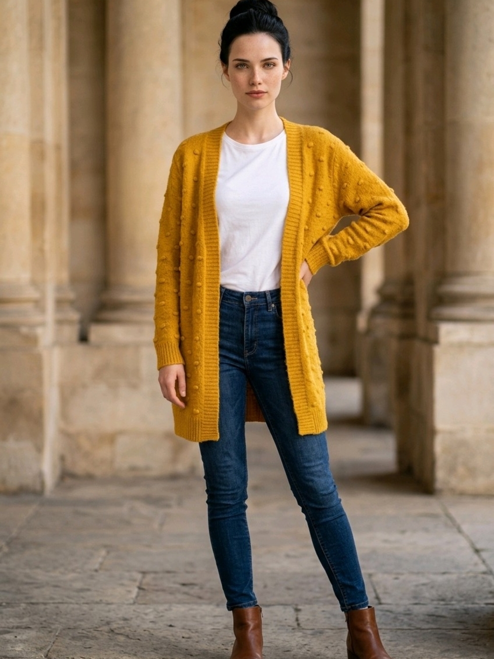 Love Story Bobble Cardigan Mustard Yellow Open Front L EUC